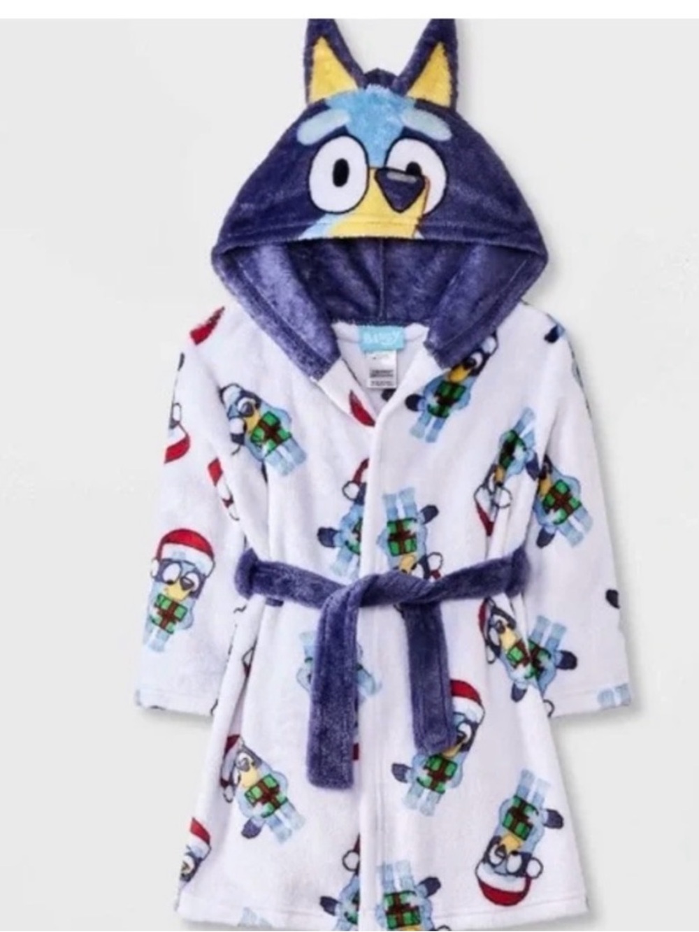 Kids Character Hooded Bath Robe in White and Navy - Plush Holiday Print